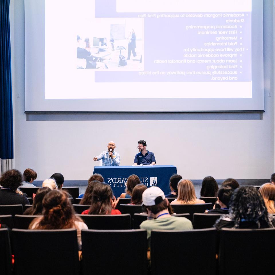 A group of people listening to a two person speaker panel in Jones Auditorium